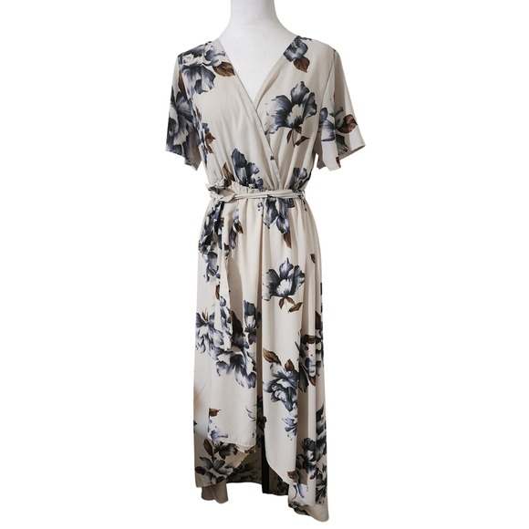 Tviatra Dresses & Skirts - Tviatra Floral Maxi Dress Hi-Lo V-Neck Short Sleeve Beige Size Unknown Size M